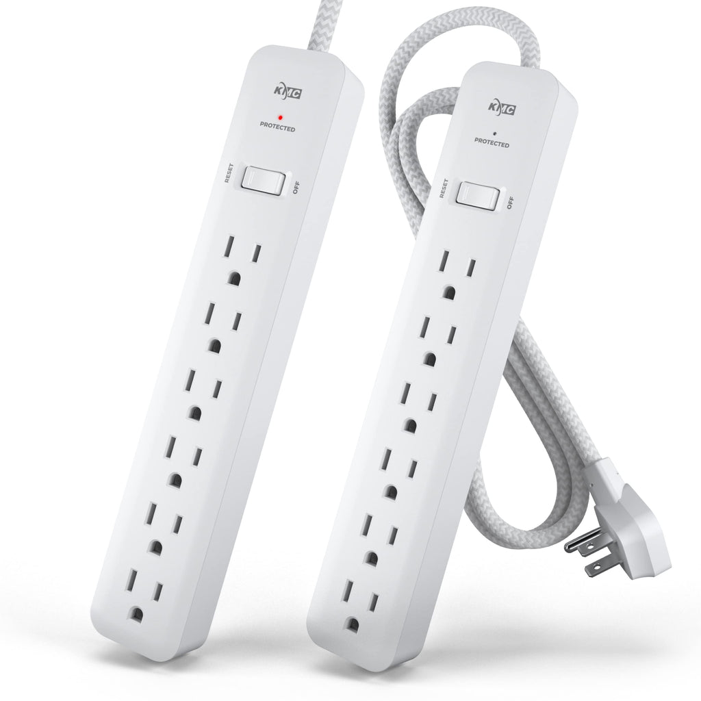 KMC 6-Outlet Surge Protector Power Strip 4 ft cord 2-Pack 1080J Power Surge Protector 4-Foot Long Braided Extension Cord with Multiple Outlets Power Strip Surge Protector 6 Power Outlet Flat Plug